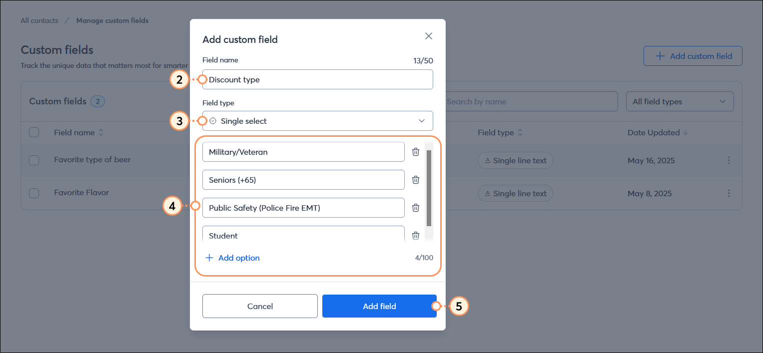Add custom field overlay with Field name field, Field type drop-down menu with Single select option selected, field response options, and Add field button