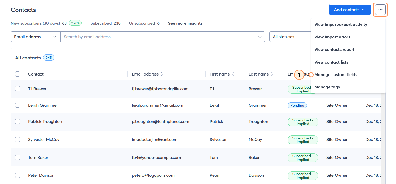 Contacts page with overflow menu expanded and Manage Custom Fields option selected