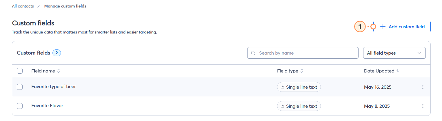 Custom fields page with + Add custom field button