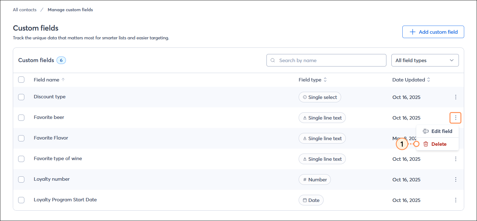 Custom fields page with Custom fields table, and custom field with menu expanded and Delete option selected