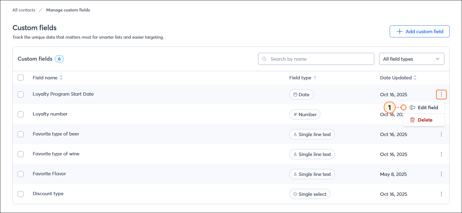 Custom fields page with Custom fields table, and custom field menu expanded with Edit field option selected