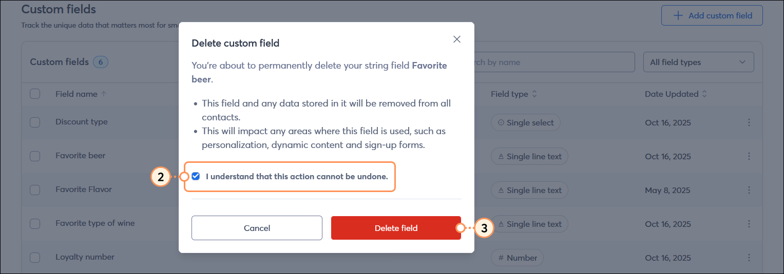 Delete custom field overlay, I understand that this action cannot be undone option, and Delete field button