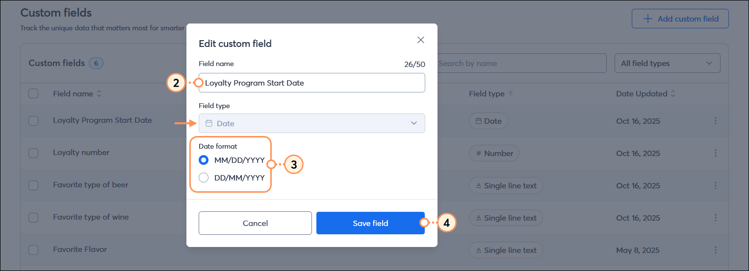 Edit custom field overlay with Field name field, and field type options (not available for all field types), and Save field button