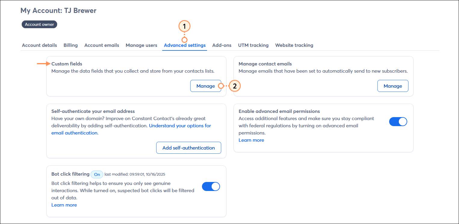 Settings page with Advanced Settings tab selected, Custom Fields section, and Manage button