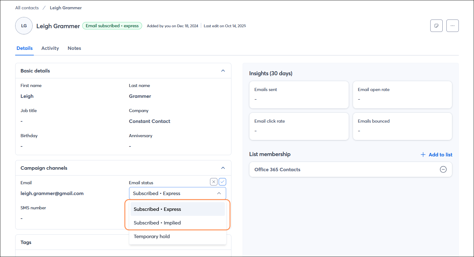 Contact record Campaign channels section with Subscribed - Implied and Subscribed - Express advanced permissions options
