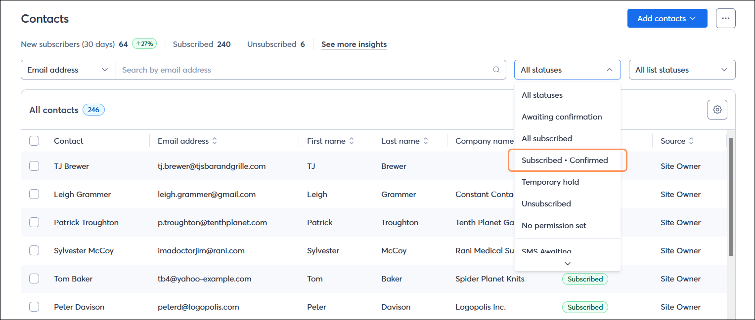 Contacts page with Status drop-down menu expanded with Subscribed - Confirmed option