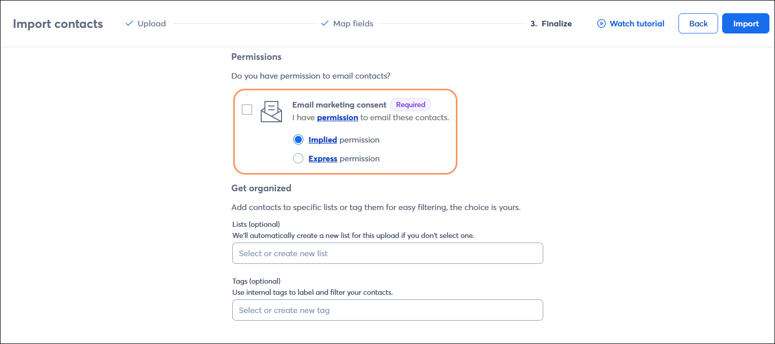 Import contacts Email consent section with implied permission and express permission advanced email permission options