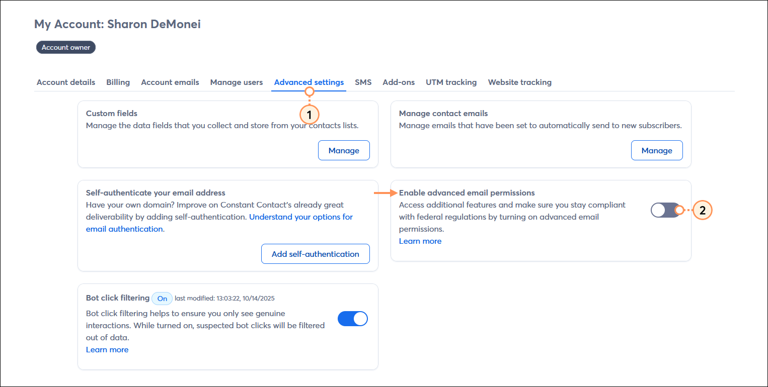 Settings page with Advanced settings tab selected and Enable advanced email permissions section with toggle switch disabled