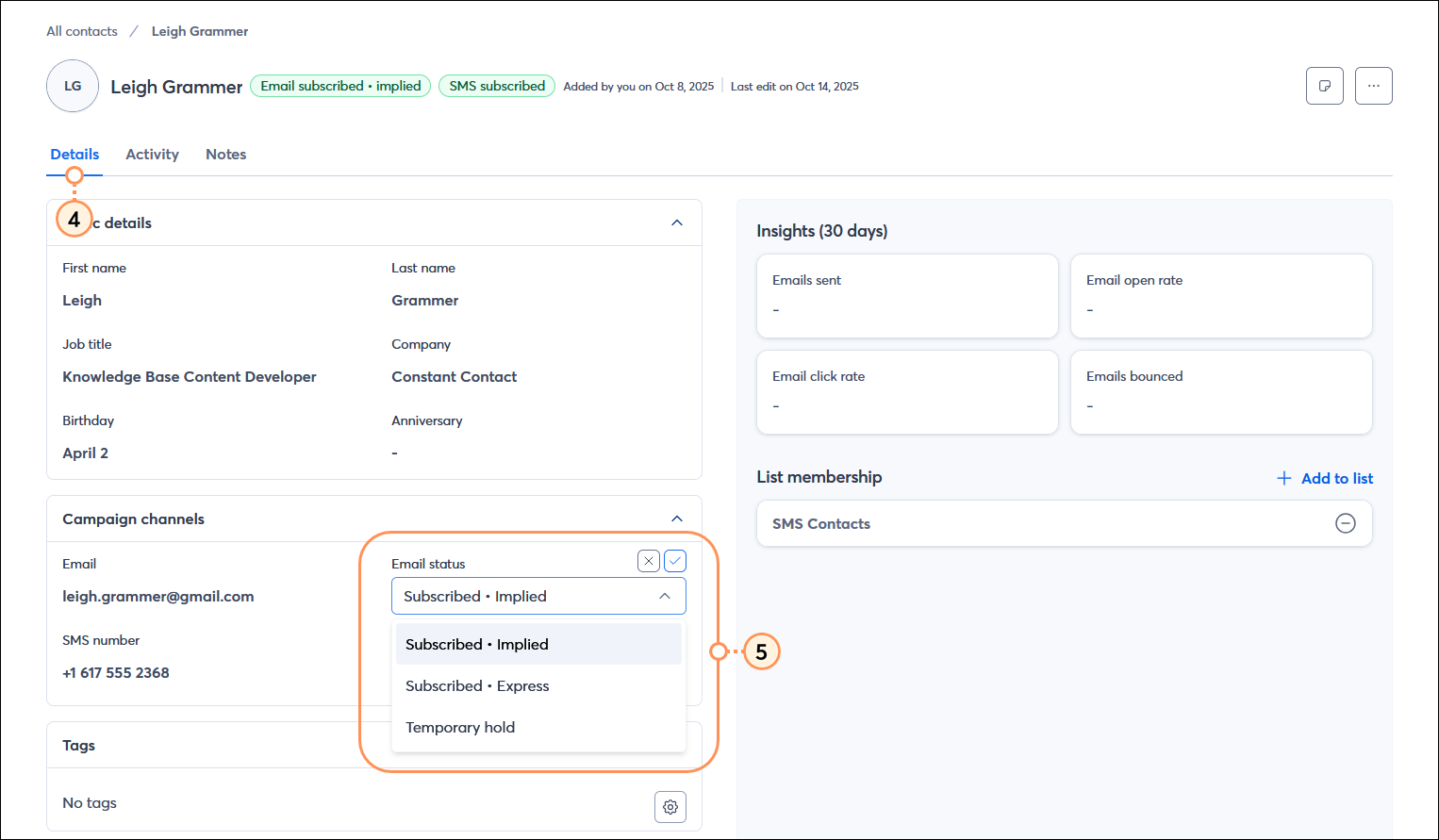 Registro del contacto con la pestaña Details (Detalles) seleccionada, sección Campaign channels (Canales de campaña) expandida y campo Email status (Estado del correo electrónico) con menú desplegable expandido