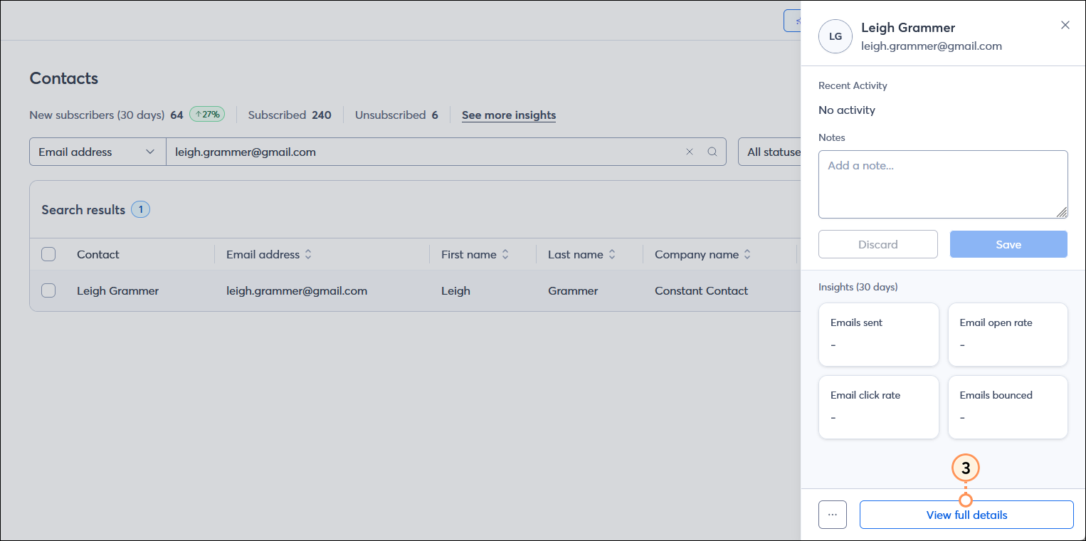 Panel Contact (Contacto) con botón View full details (Ver los detalles completos)