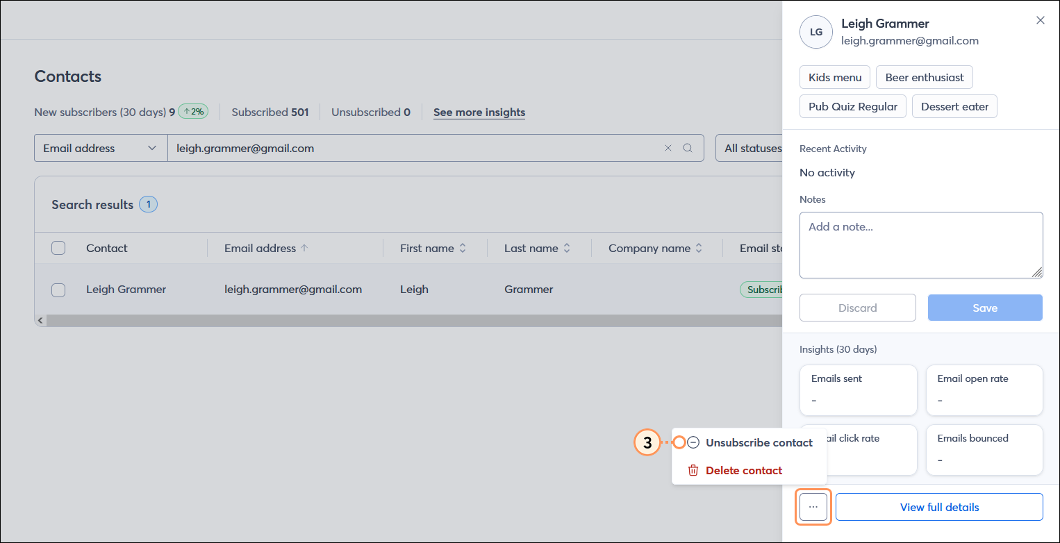 Contact panel with menu expanded and Unsubscribe contact option selected