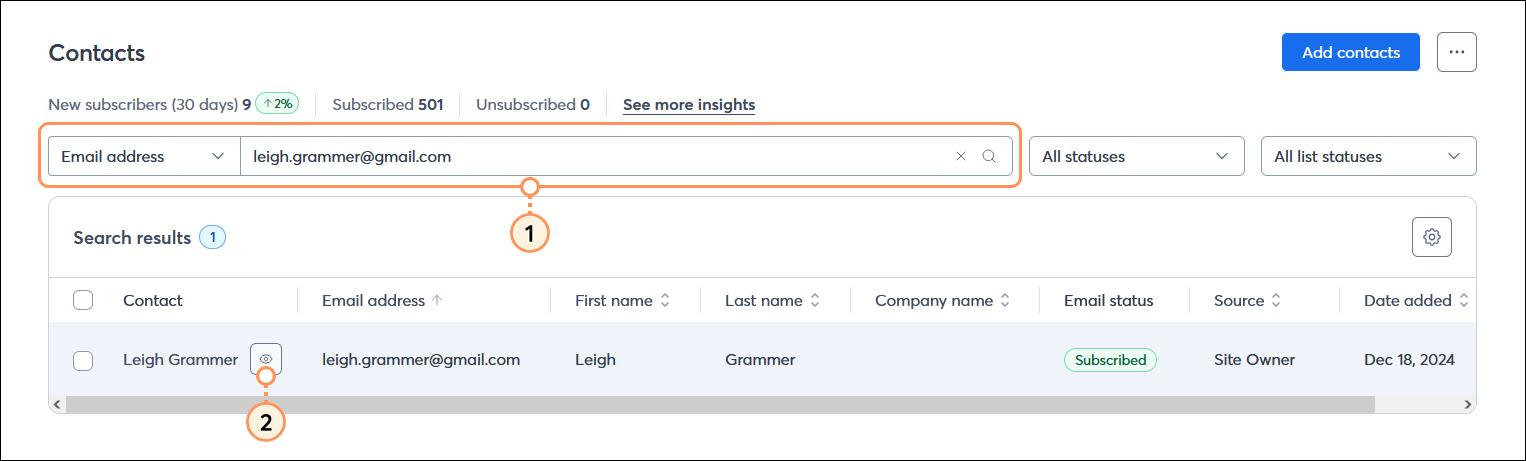 All contacts table with Search field and Email address option selected, and search results with View button visible