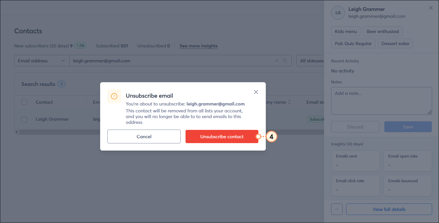 Unsubscribe email overlay with Unsubscribe contact button selected