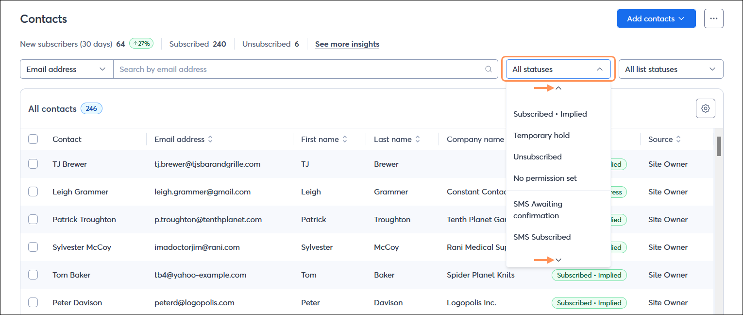 All contacts table with All statuses drop-down menu expanded with email and SMS statuses visible and scroll controls
