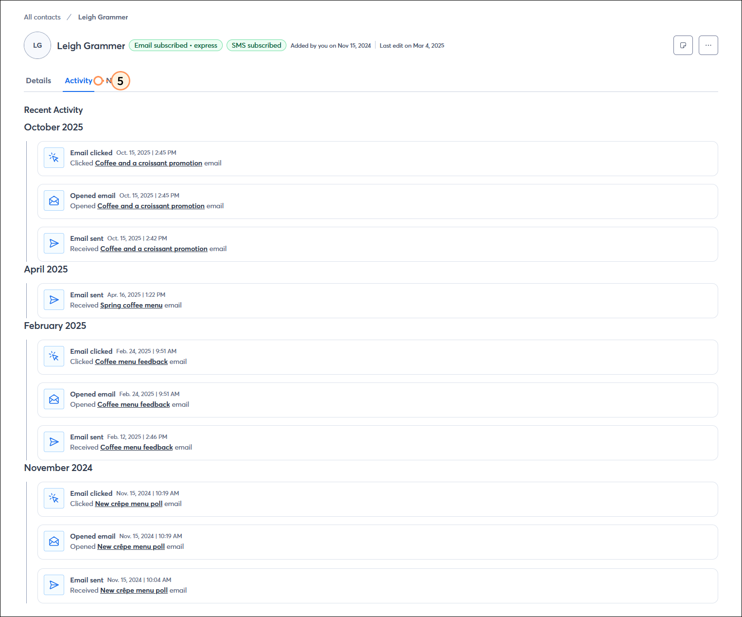 Contact record with Activty tab selected and email send, open, and link click activity