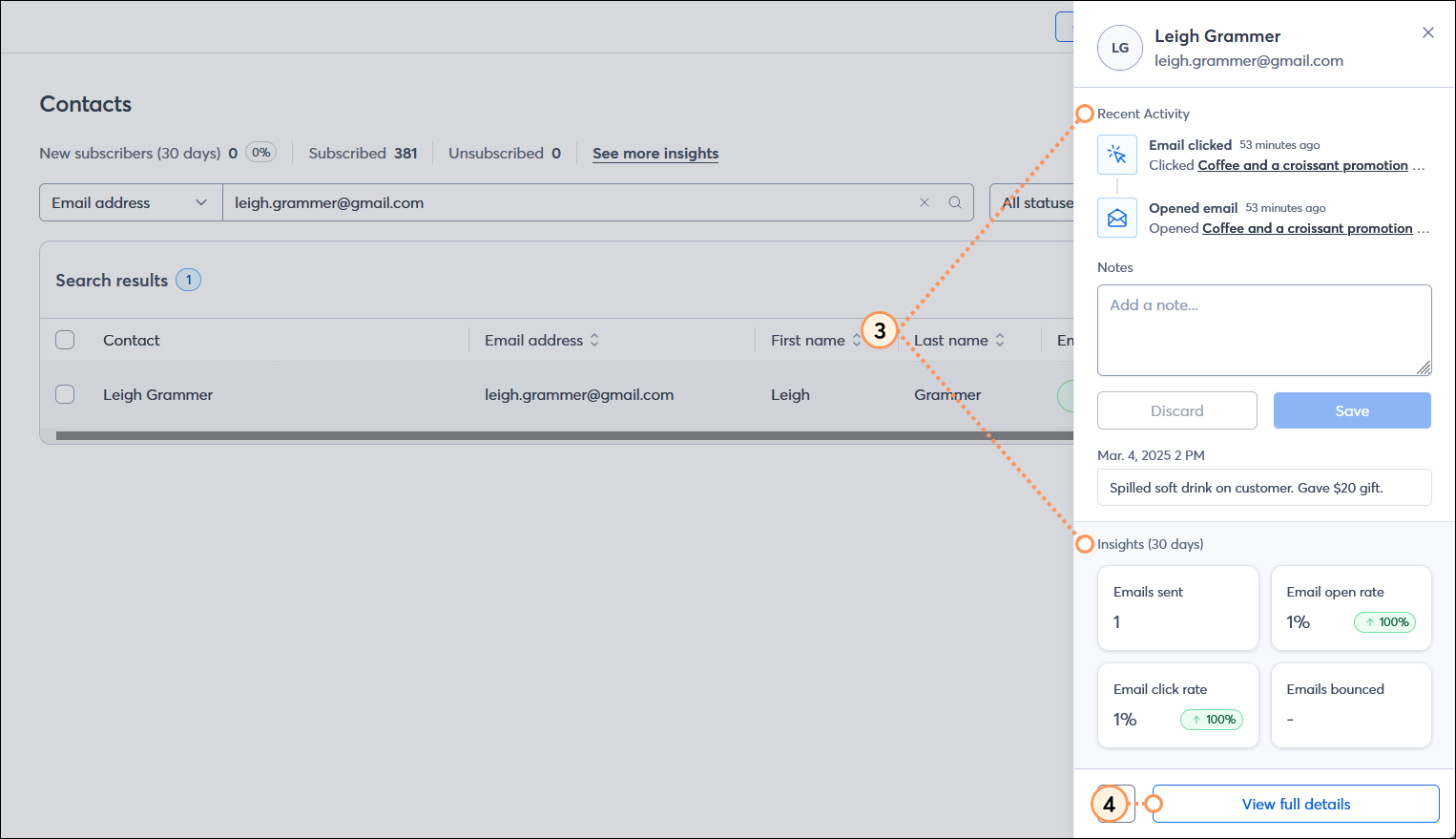 Contacts page with contact panel expanded, Recent activity section with email open and email click information, Insights (30 days) section with Emails sent, Email opens rate, Email click rate, and Emails bounced metrics, and View full details button
