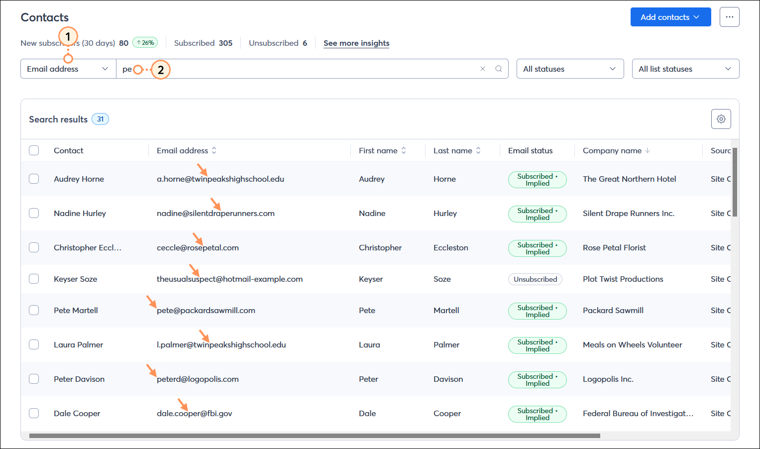 Contacts page with Search criteria drop-down menu and email address option selected, Search field, and search results