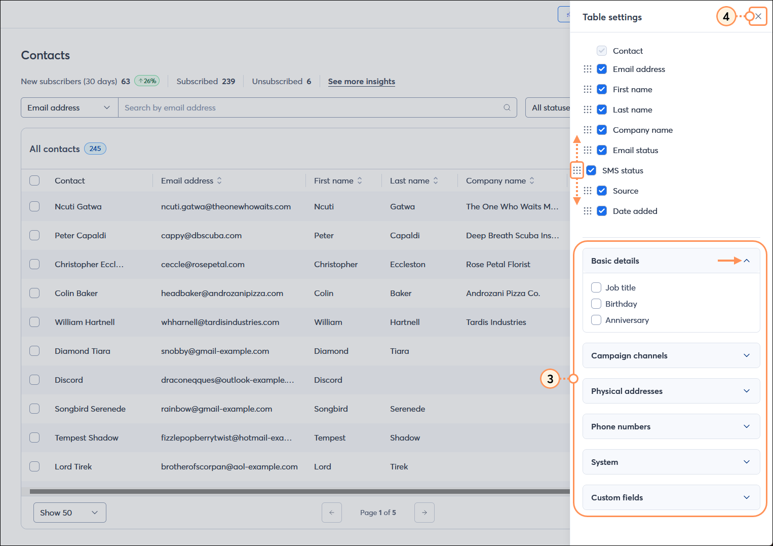 All contacts table with Table Settings menu expanded, selected column headers, header options, and close button