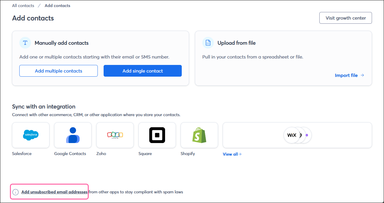 Add contacts overlay with Add unsubscribed email addresses link
