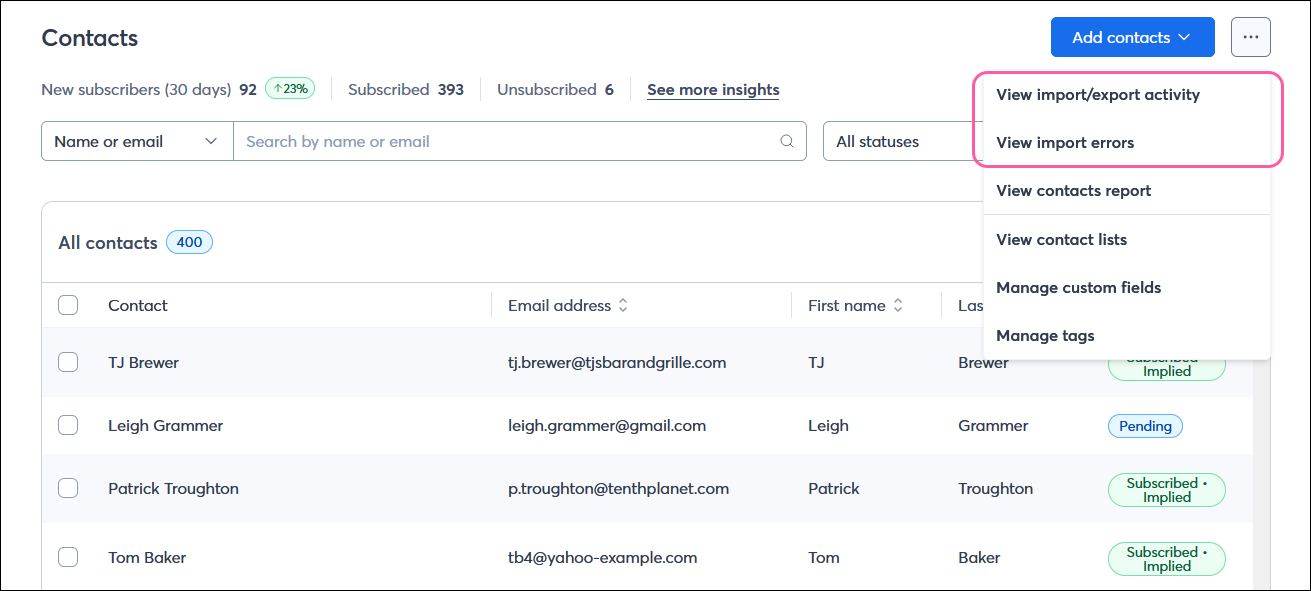 Contacts page with page menu expanded and View import/export activity option and View import errors option