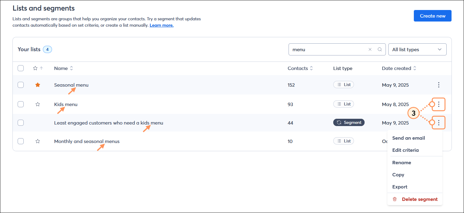 Lists and segments page with All list types selected, Search field, search results, and list and segment menu options with segment menu expanded