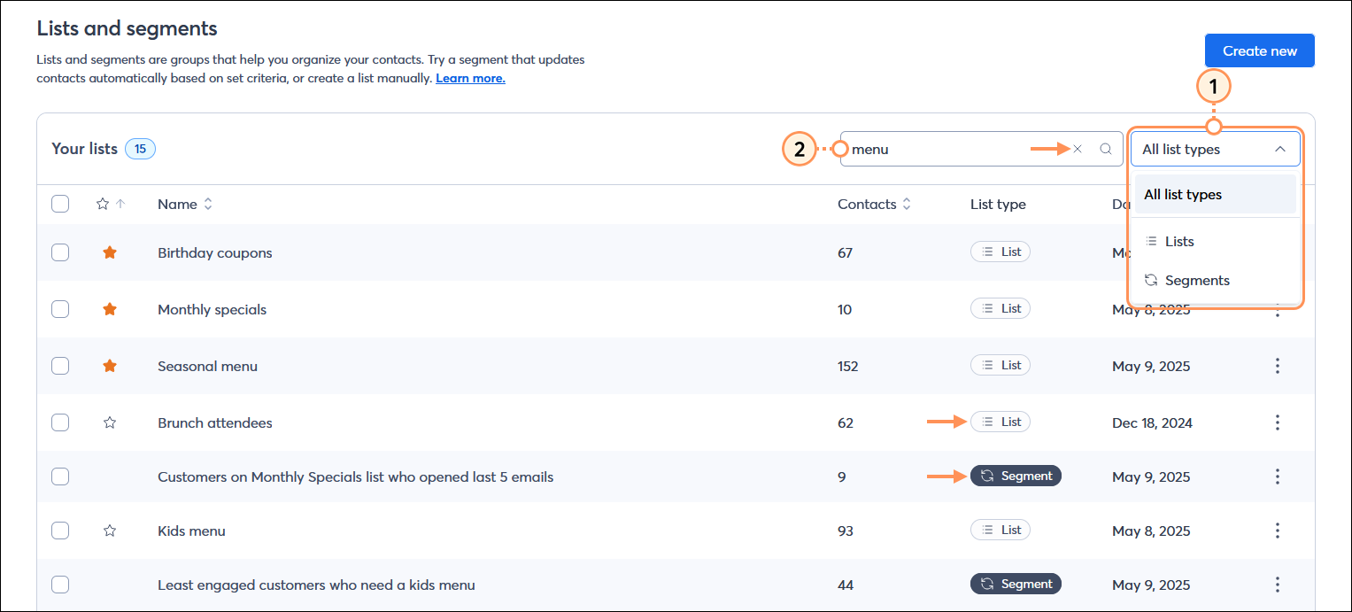 Lists and segments page with All list types menu expanded and Search field with search term and delete option