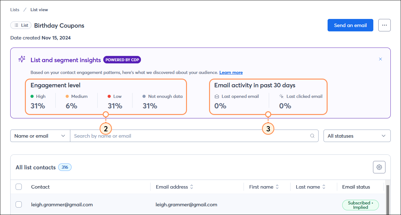 List view page with List and segments insights with Engagement level and Email activity in past 30 days information