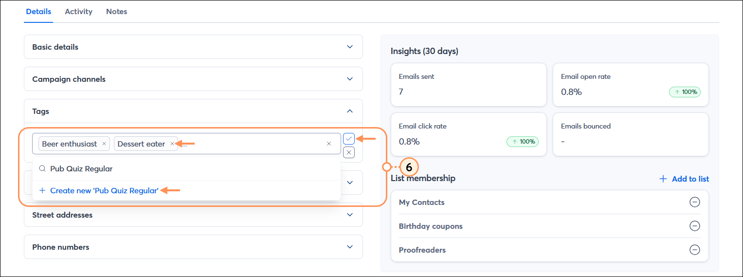 Contact record with Tags section expanded, Tag field with existing tags, and Create new tag option