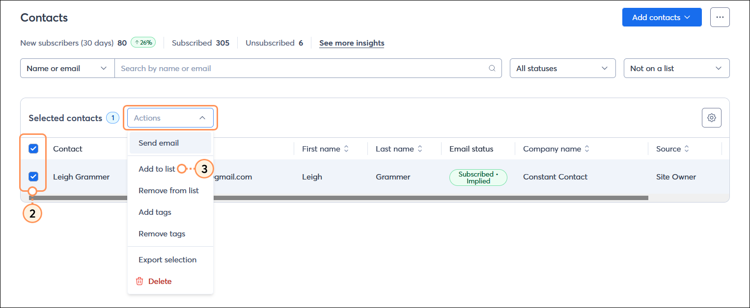 Contacts page with Not on a list filter selected with results, contact selected and Actions drop-down menu selected with Add to list option