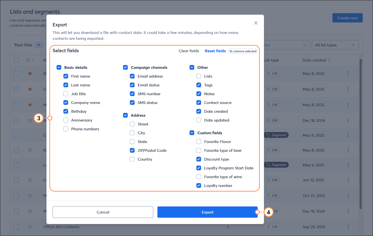 Export overlay with field options, and Export button