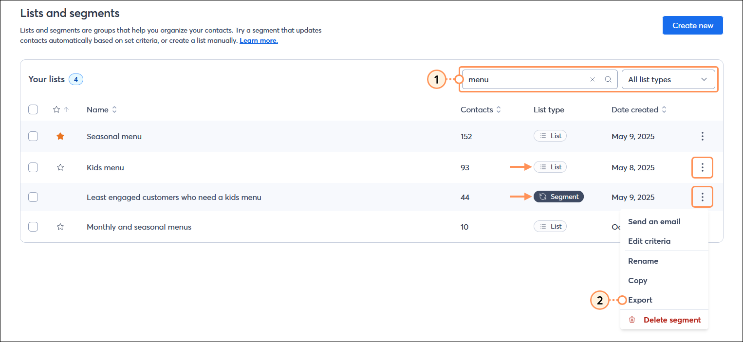 Lists and segments page with Search field and search results, and Segment with menu expanded and Export option selected