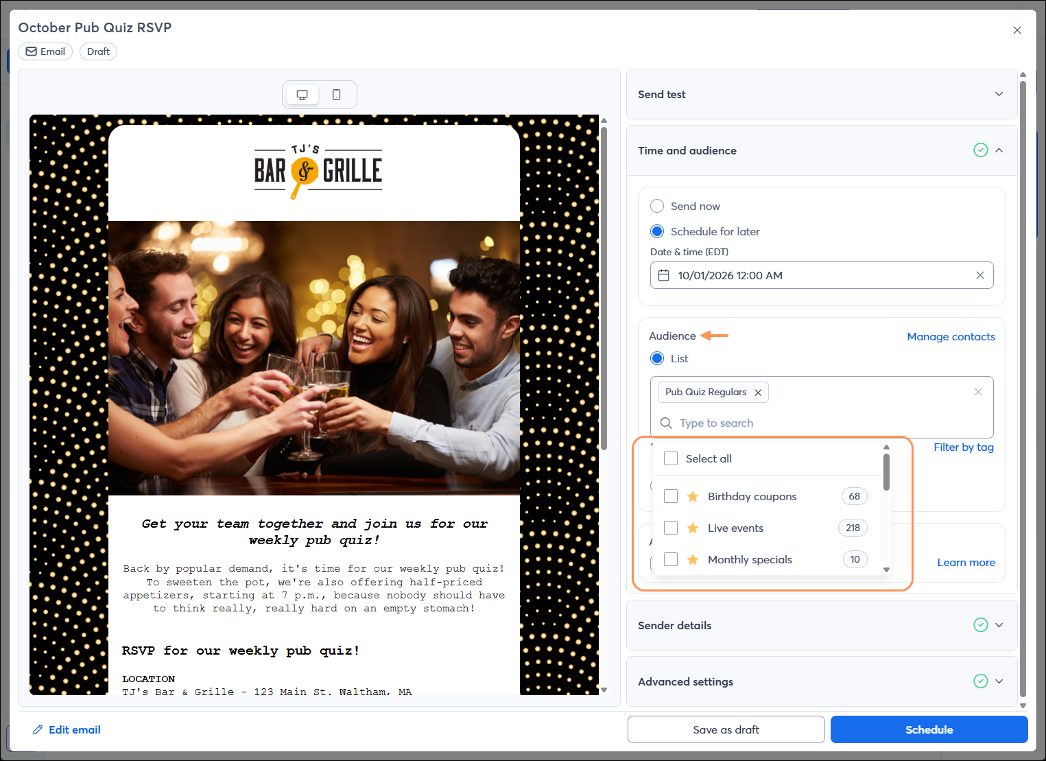 Email Schedule page with Time and audience section expaned, Audience section with List drop-down menu expanded and with favorite lists at the top