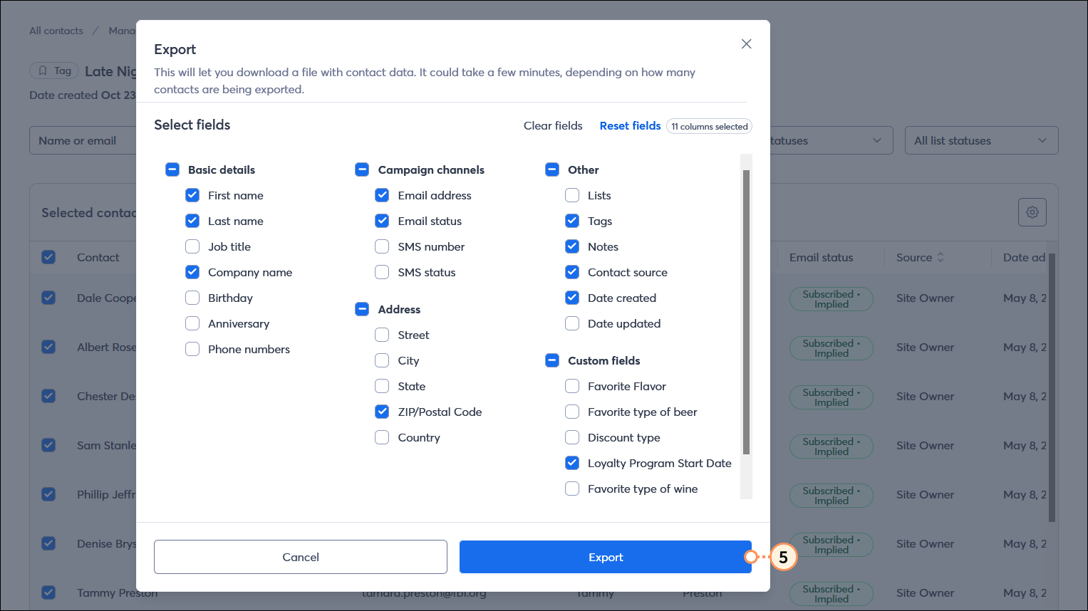 Export overlay with contact details selected and Export button