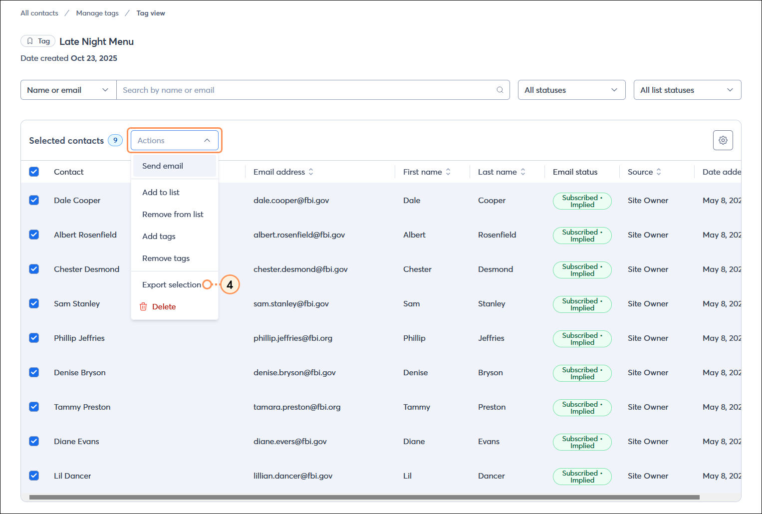 Tag view page with all contacts selected, Actions menu expanded, and Export selection option selected