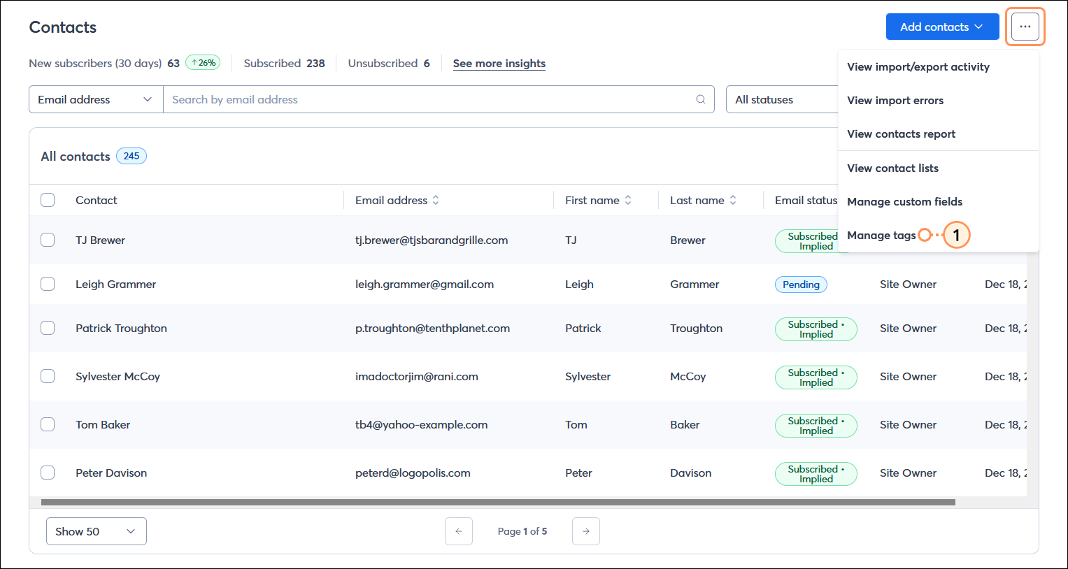 Contacts page with page menu expanded and Manage tags option selected