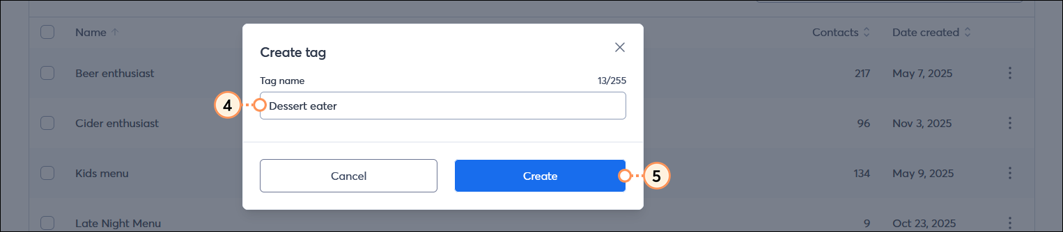Create tag overlay with Tag name field and Save button