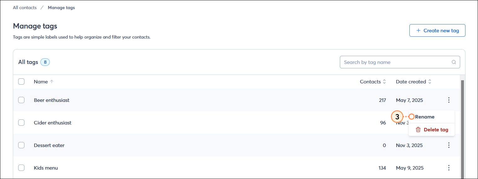 Manage tags page with All tags table and tag menu expanded with Rename option selected