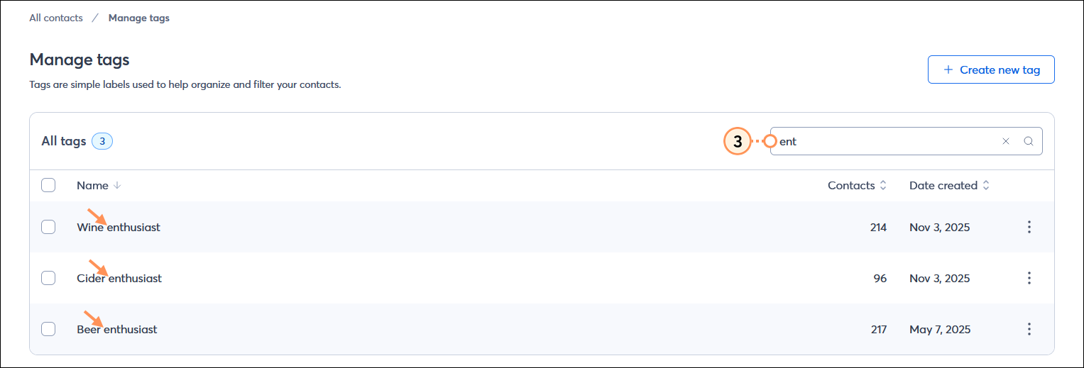 Manage tags page with Search field, partial word search term, and search results