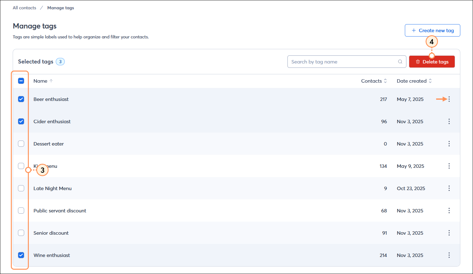 Manage tags page with multiple tags selected and Delete tags button