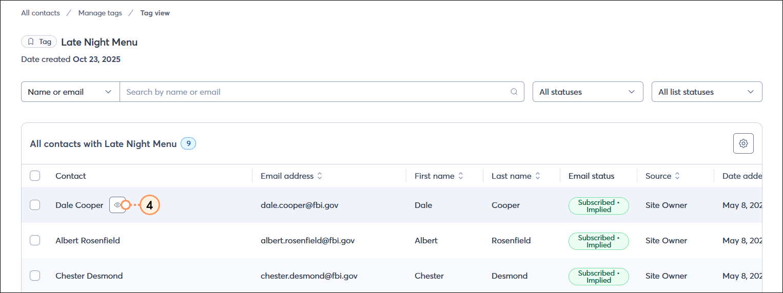 Tag view with contacts table, contact menu expanded with View, Edit, Add to list, Unsubscribe email, and Delete options displayed