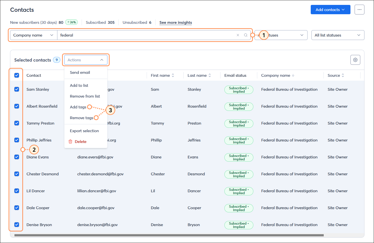 Contacts page with Search criteria menu and Company name option selected, Search field, All contacts table with search results and all contacts selected, and Actions drop-down menu expanded with Add tags and Remove tags options