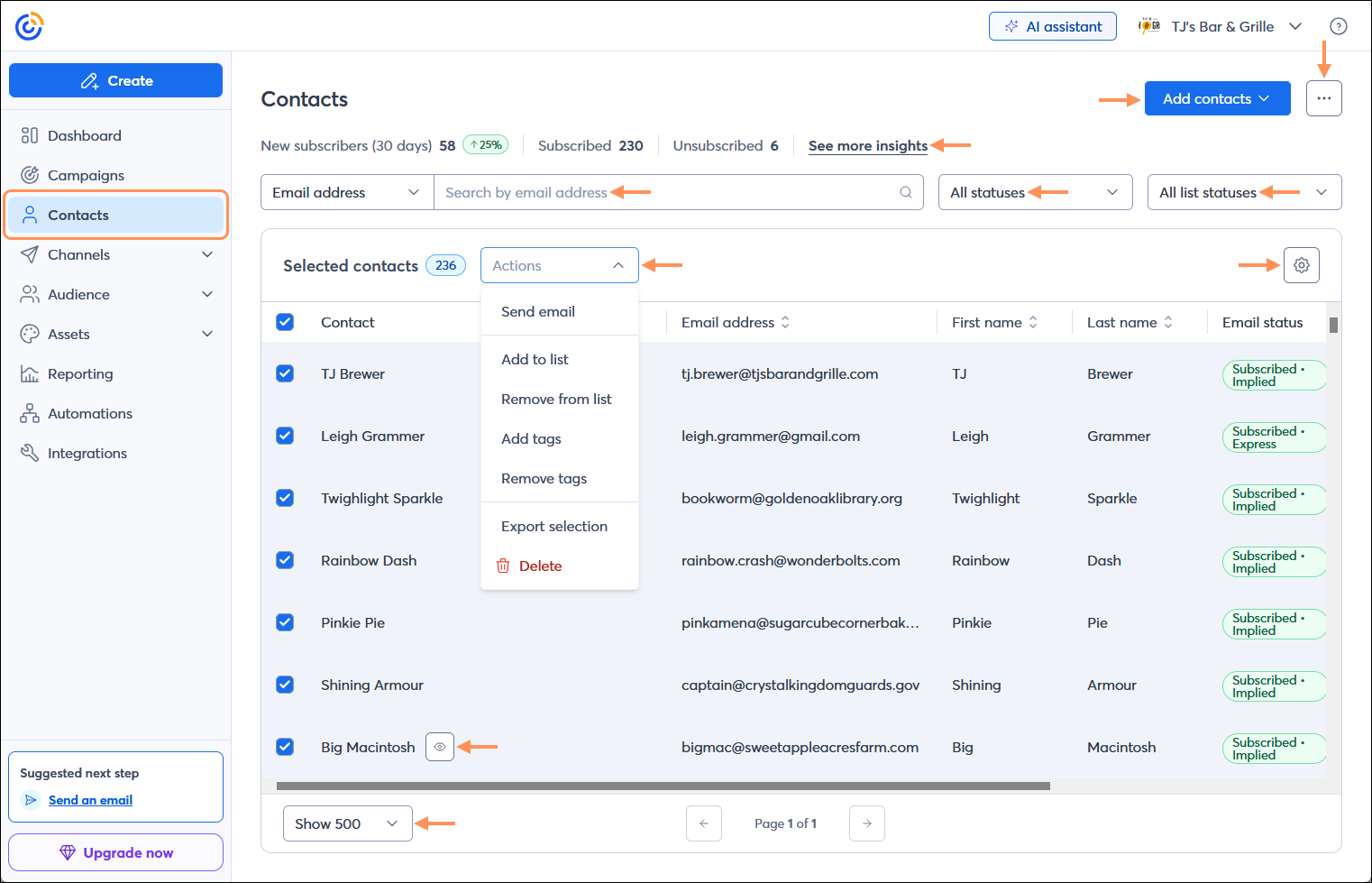 Contacts dashboard with Add contacts button, Search by field, Status drop-down menu, List satus drop-down menu, All contacts table and Modify table button, all contacts selected with Actions menu expanded and Send email, Add to list, Remove from list, Add tags, Remove tags, Export selection, and Delete options, and View contact button