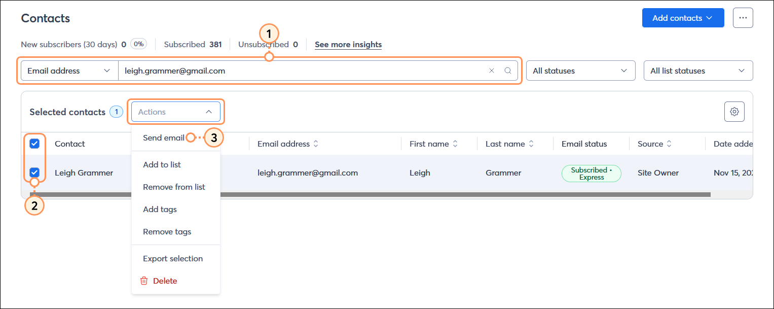 Contacts page with Search field, serach results with contact selected, and Actions menu with Send email option selected