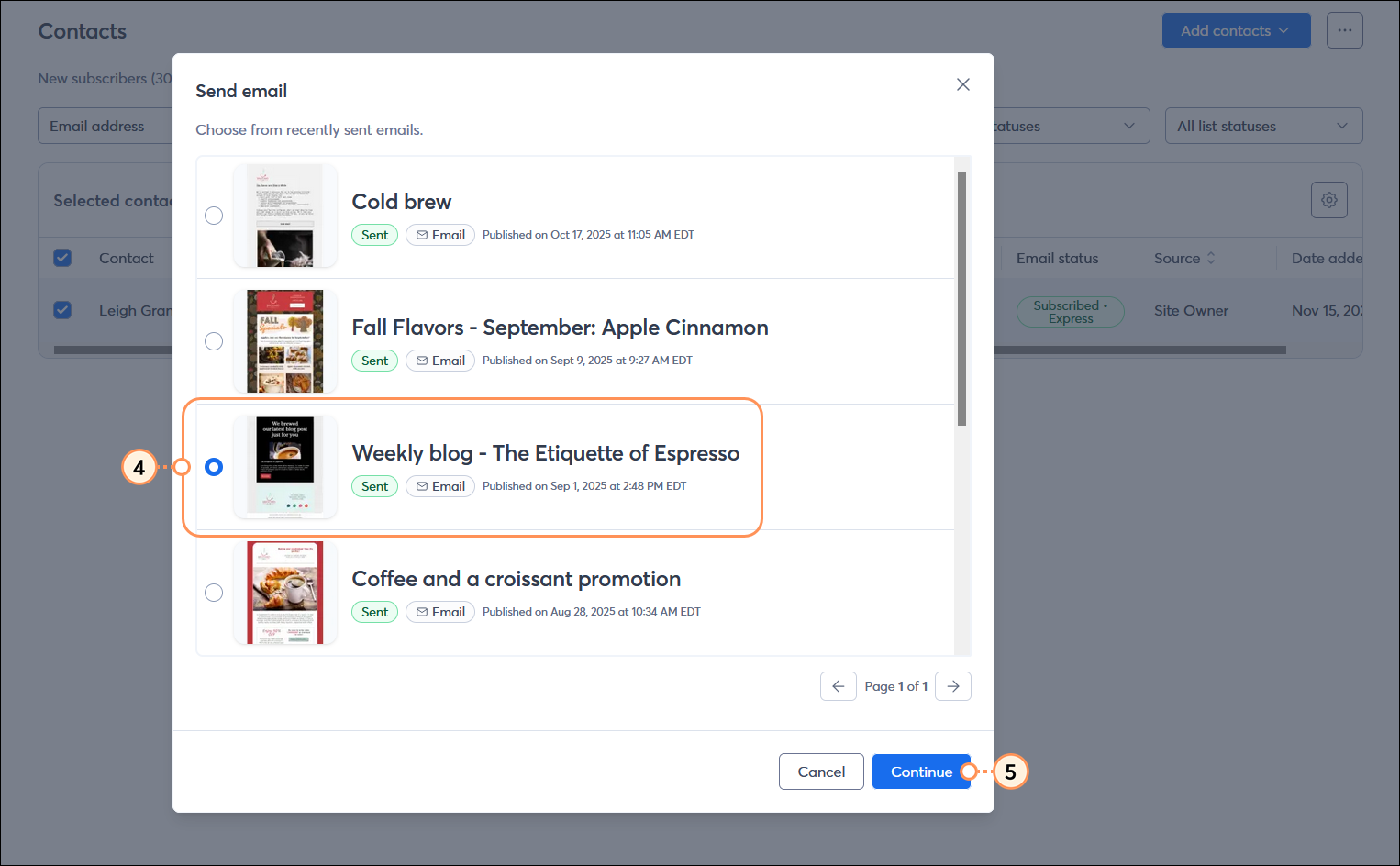 Send email overlay with sent emails, email selected, and Continue button
