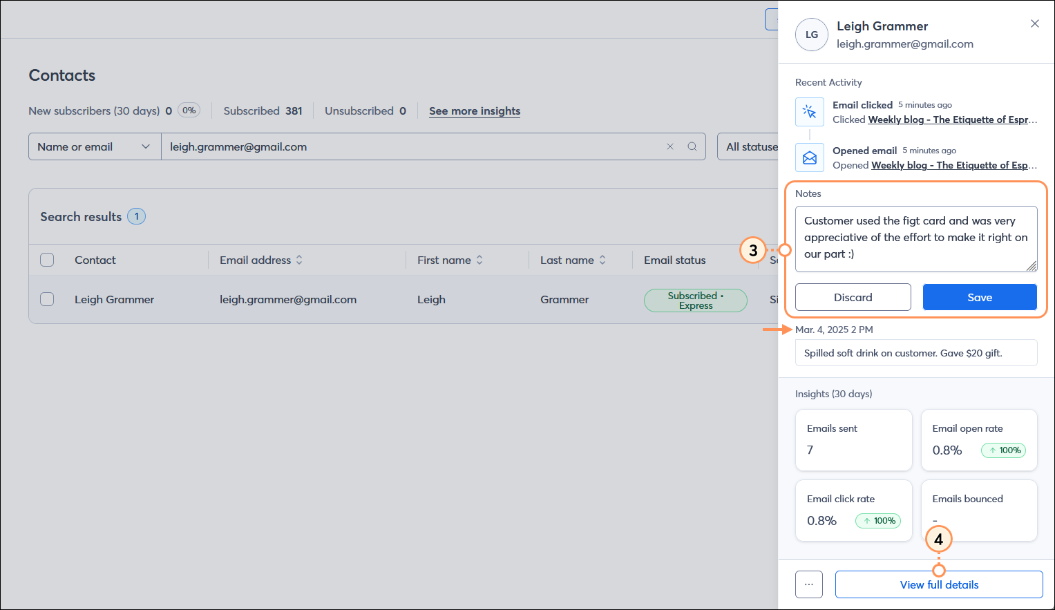 Contacts page with contact panel expanded, Notes section with Note field and Save button and previous note, and View full details button