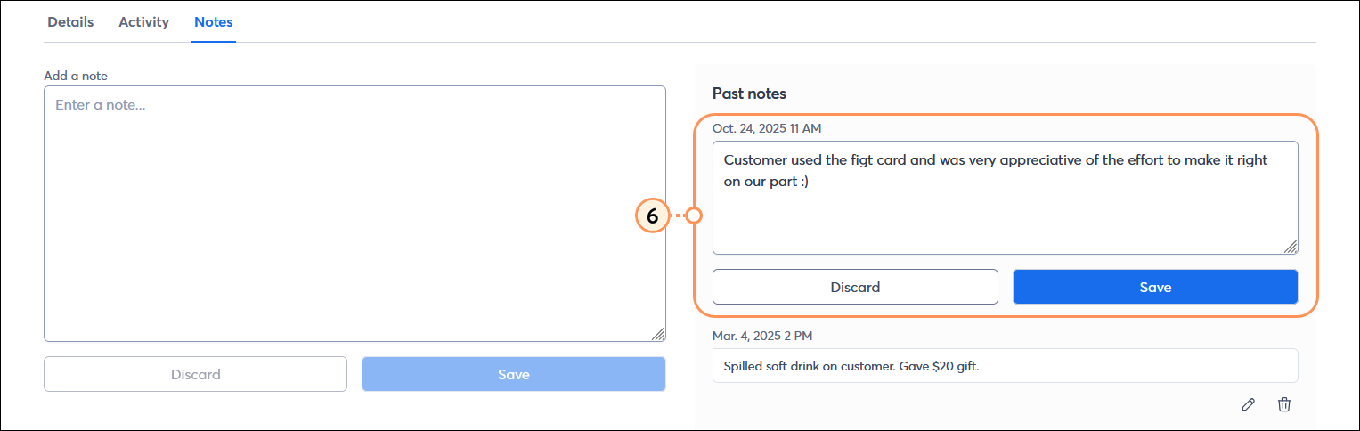 Contact record with Notes tab selected, Past notes section with edit option enabled, and Note field with Save button