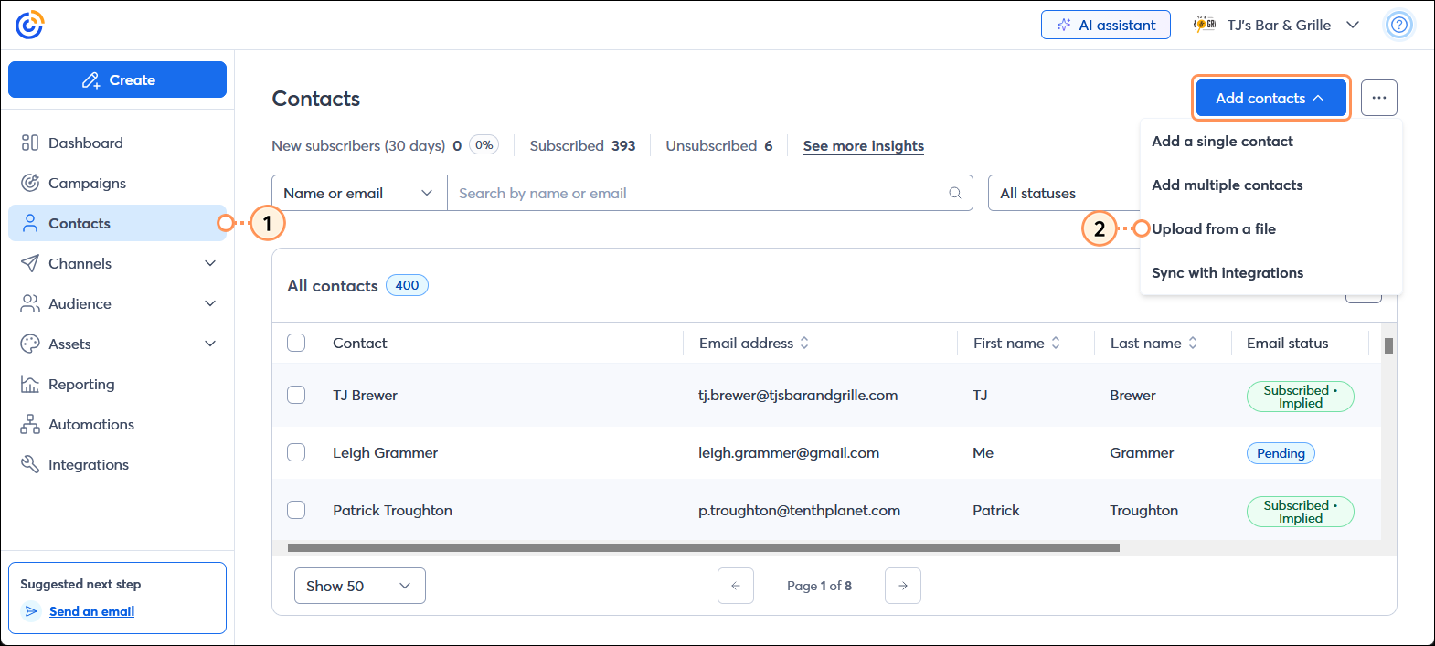 Left-hand menu with Contacts option selected, Contacts page with Add contacts button
