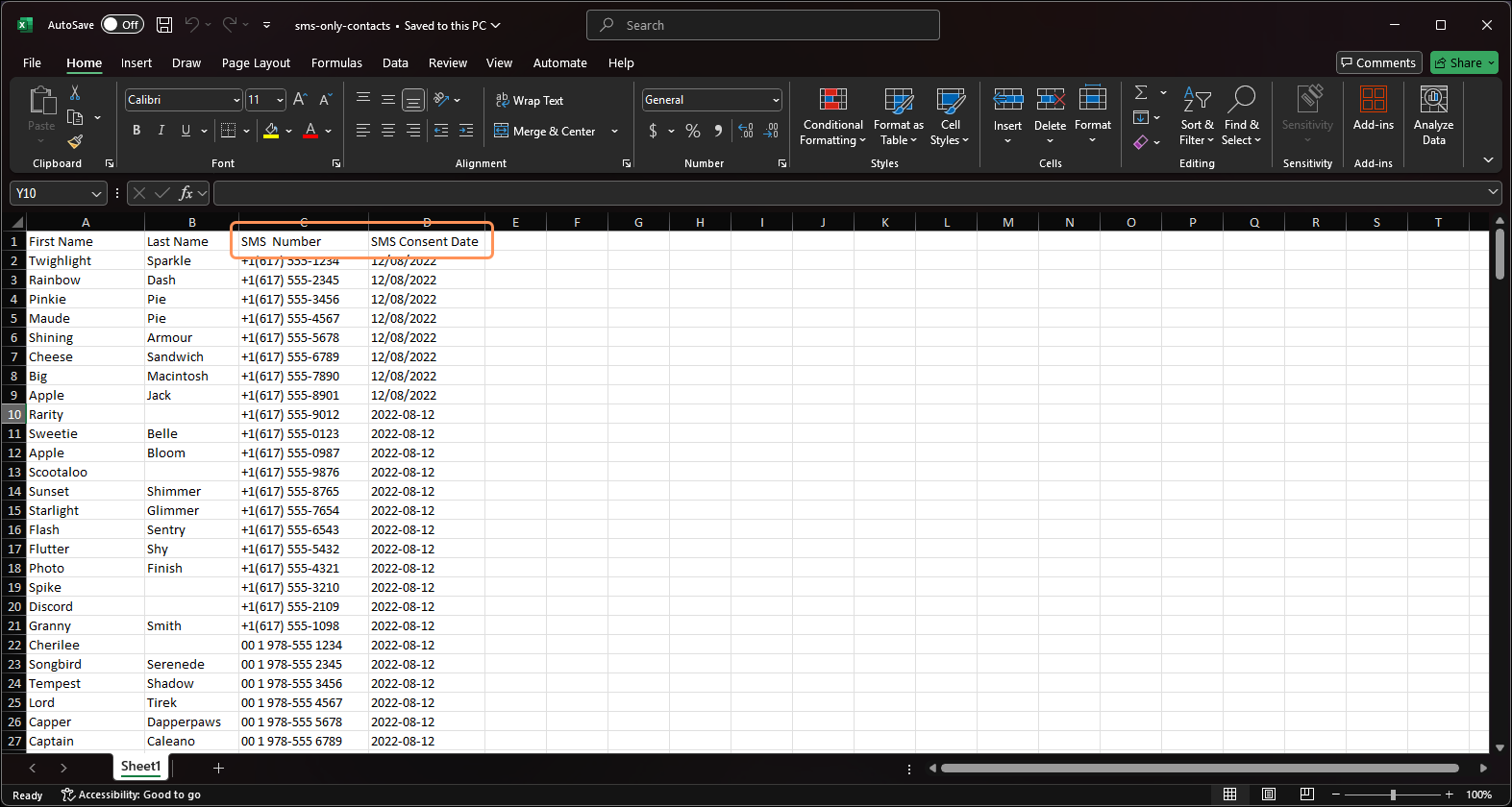 Example Excel spreadsheet with First Name, Last Name, SMS Number, and SMS Consent Date columns