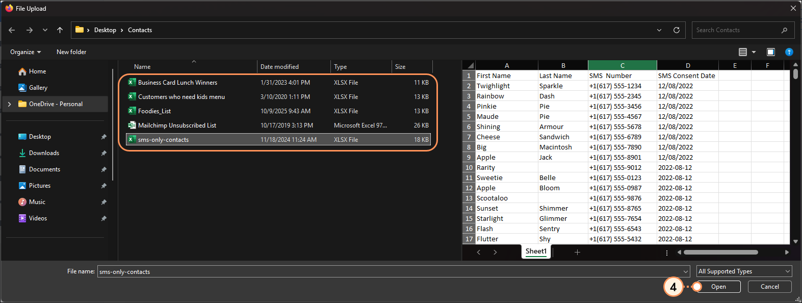 Example of File Explorer and contacts files with file selected and Open button