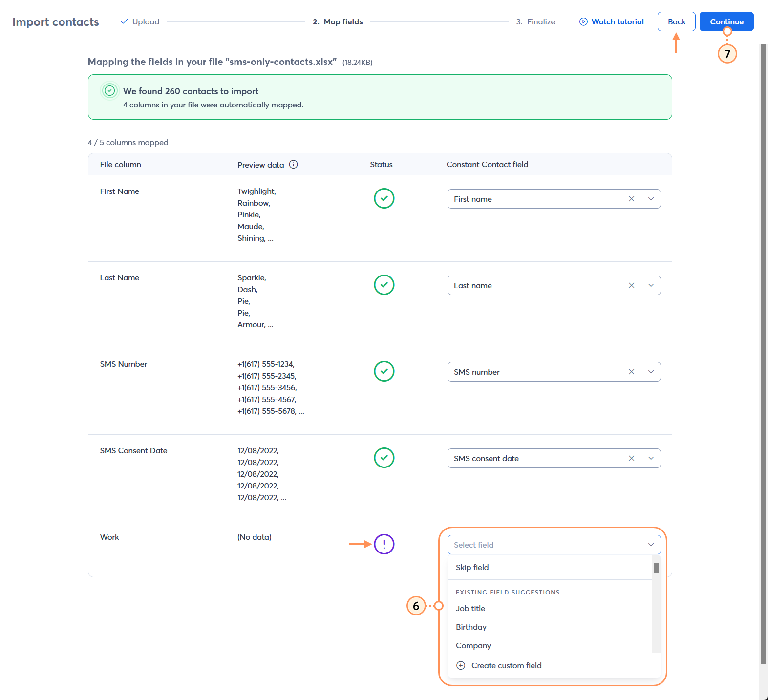 Import contacts Match fields step with SMS number and Consent date fields, and mis-matched column with drop-down menu expanded, and Continue button